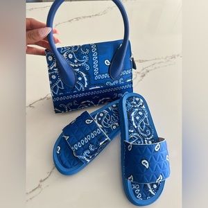 Blue Bandana Slides and Bag